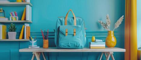 AI generated back to school. blue backpack with pencils and photo