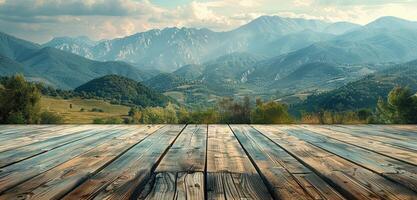 ai generado un de madera piso con montañas y paisaje en el antecedentes foto