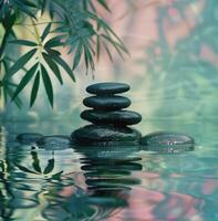 AI generated a photo of several black stones sitting on top of reflections of the water