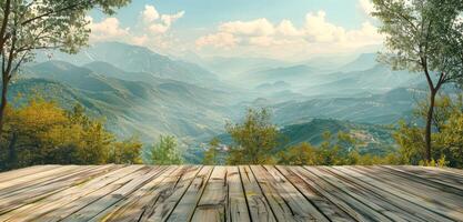 AI generated an empty wooden deck overlooking an idyllic mountain view photo