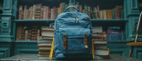 ai generado espalda a escuela. azul mochila con lapices y foto