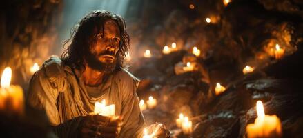 ai generado Jesús con velas en un cueva foto