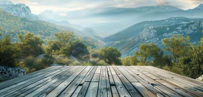 AI generated an empty wooden deck overlooking an idyllic mountain view photo