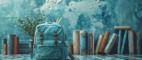 AI generated back to school. blue backpack with pencils and photo