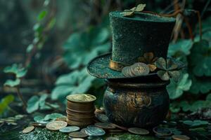 AI generated an old shamrock hat, a pot with coins, and a stack of pennies photo