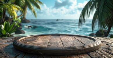 AI generated blank timber wooden platter by ocean in tropical background and palm trees photo
