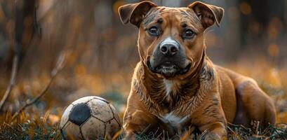 AI generated cute dog with a football ball, photo