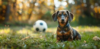 AI generated dachshund and a soccer ball in the background photo