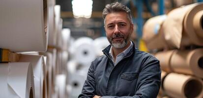 AI generated company owner stands in front of rolls of paper in a warehouse photo