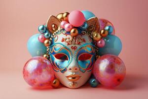 AI generated colorful mask balloon and colorful balloons on pink background photo