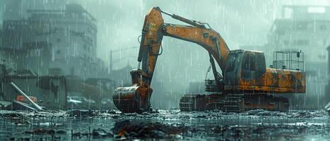 AI generated construction site in a rain day excavator photo