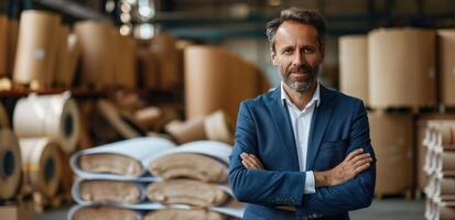 AI generated company owner stands in front of rolls of paper in a warehouse photo