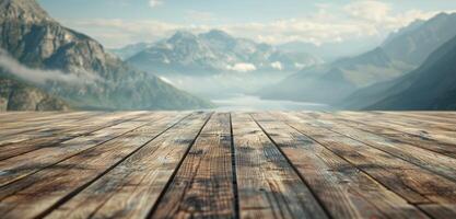 AI generated a wooden floor with mountains and landscape in the background photo