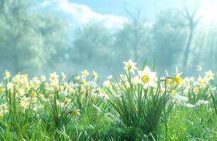 ai generado narcisos en un herboso verde zona en primavera Dom ligero foto