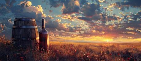 AI generated bottle of wine and a barrel of wine sitting on grass photo