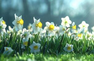 AI generated daffodils in a grassy green area in spring sun light photo