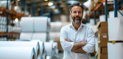 AI generated company owner stands in front of rolls of paper in a warehouse photo