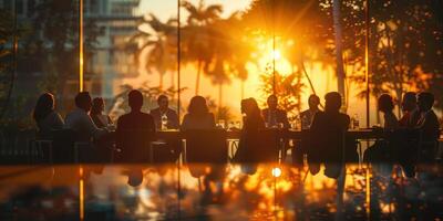 ai generado negocio reunión a puesta de sol foto