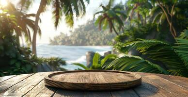 AI generated blank timber wooden platter by ocean in tropical background and palm trees photo