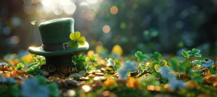 AI generated clovers st patrick day hat and coins sitting on green photo