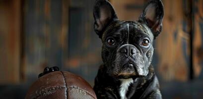 AI generated cute dog with a football ball, photo