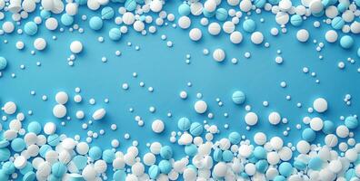 AI generated blue and white pills scattered on a blue background photo