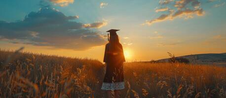 ai generado niña con graduación gorra mirando espalda a puesta de sol foto