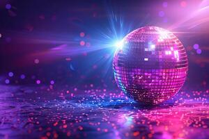 AI generated disco ball with light of neon on a purple background photo