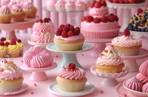 AI generated decorated pastries on pink tabletop photo