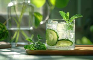 AI generated fresh cucumber water and an ice cube with mint leaves photo