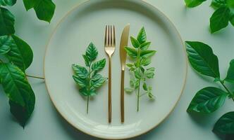 ai generado verde follaje y oro tenedor en blanco plato foto
