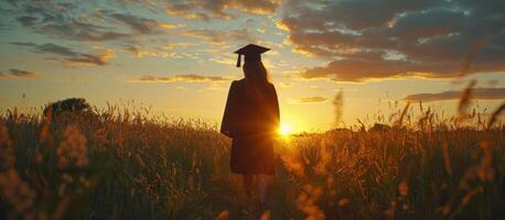 ai generado graduación niña en pie en el campo con puesta de sol ver foto