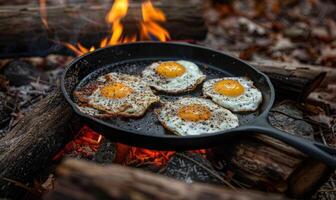 AI generated eggs fried in a cast iron skillet over a campfire photo