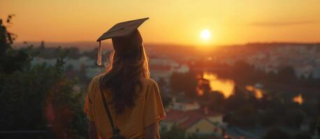 ai generado niña con graduación gorra mirando espalda a puesta de sol foto