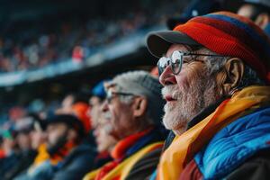 AI generated footballers sitting at stands, cheering on a soccer match photo