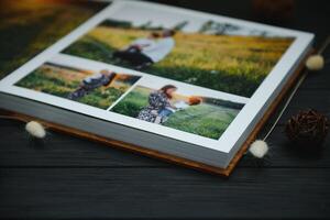 premium photo book, large size, natural wood cover, quality binding. Family photobook, recreation memories