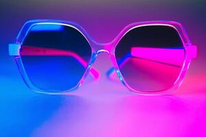 elegante Gafas de sol Disparo utilizando rosado y azul resumen de colores Encendiendo con Copiar espacio. foto