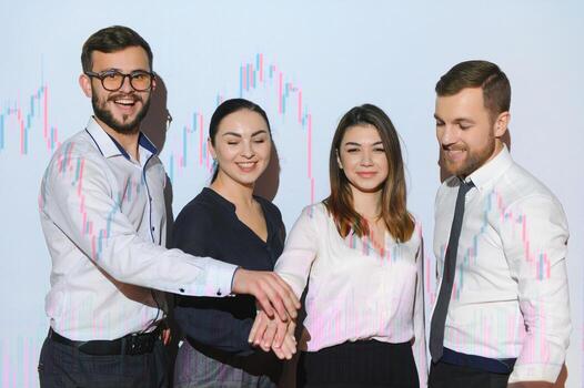 Group of business people working. Technical price graph and indicator, red and blue candlestick chart and stock trading computer screen background. Traders analyzing data photo