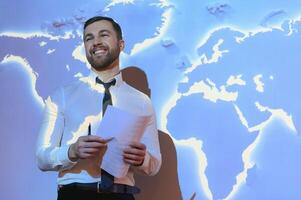 International business concept with businessman on background with network on map. photo