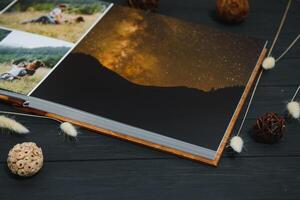 premium photo book, large size, natural wood cover, quality binding. Family photobook, recreation memories