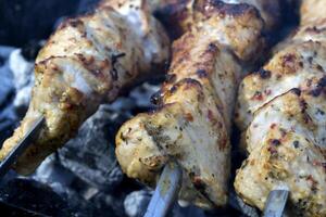 Meat in spices cooking on a fire outdoor. Barbecue background. photo