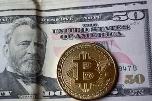 Golden bitcoin and dollars in male hand on a dark blue wooden background. Gold coin of cryptocurrency. photo