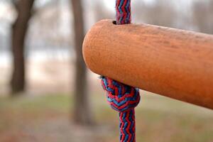 Knot on a colorful rope. Tools for climbing. photo