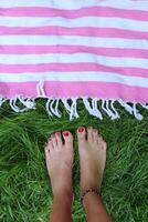 Female bare feet on the green grass near picnic mat. photo