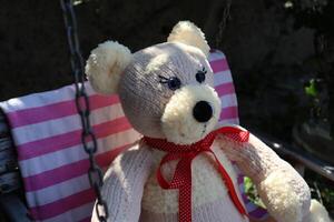 Teddy bear on a swing outdoor. photo