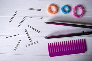 Hair care instruments. Beauty salon. Hair care tools top view. photo