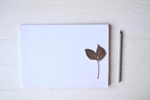 White paper and pencil with decoration on the white wooden desk, top view. photo