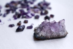 Amethyst druse and amethyst kiesel, close up. photo