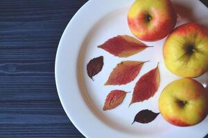 Apples in a white plate on a wooden table. Ripened apples. Autumn leaves decor. photo