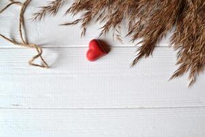 Red heart and natural branches on the white wooden desk. Valentine's day. photo